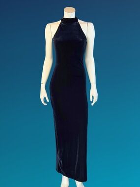 90s Black Velvet Gothic Halter Backless Mesh + Rhinestone Slip Dress / XS S